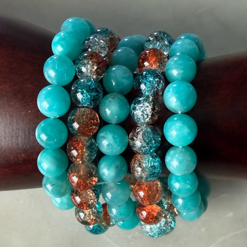 Amazonite & Crackle Glass Beaded Bracelet Set NEW